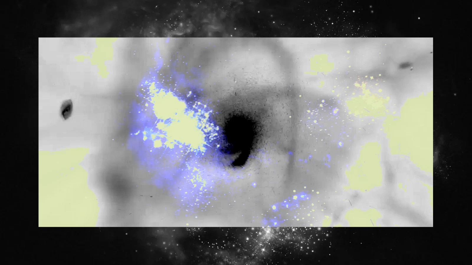 A digitally rendered image of a black hole with surrounding accretion disk and stars, depicting the era of the first galaxies.
