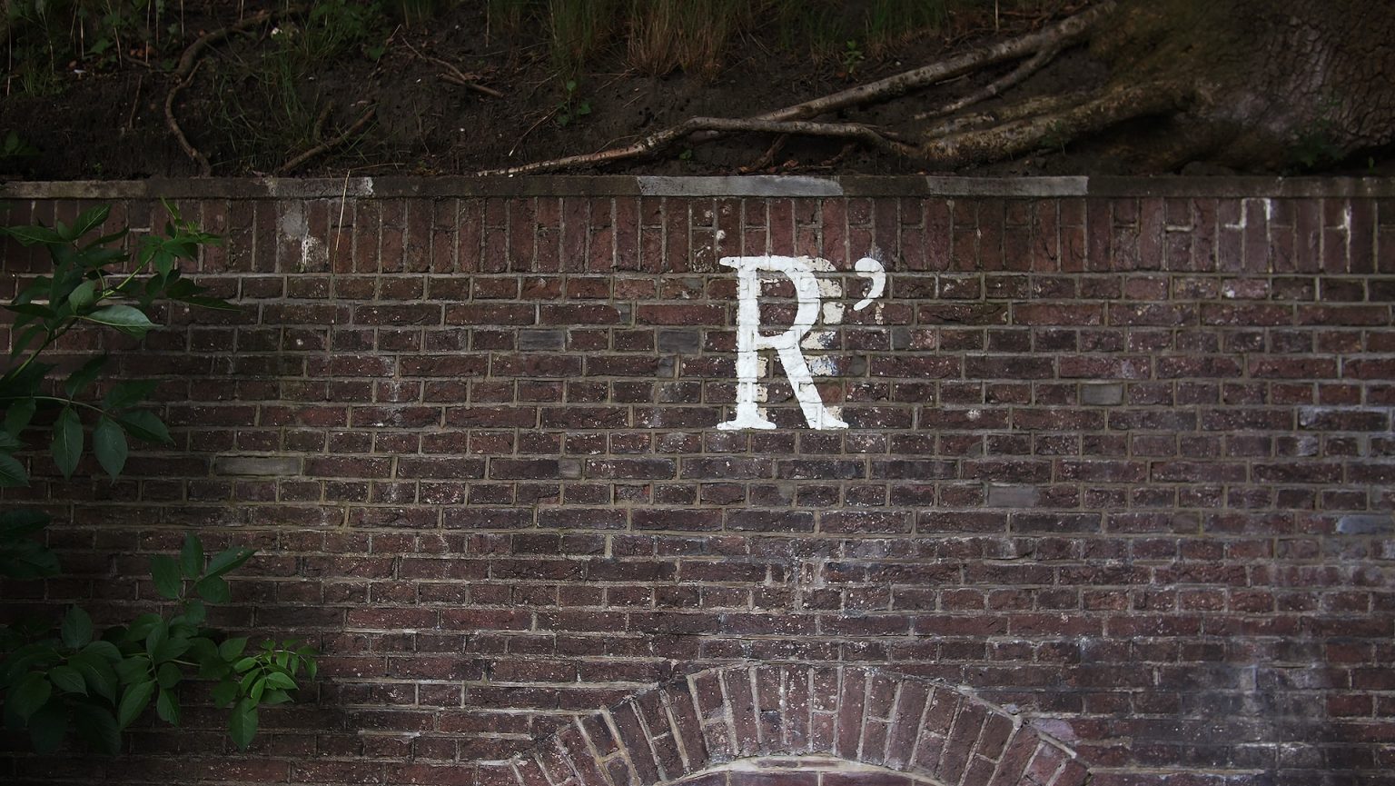 A brick wall with the letter r on it.