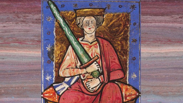 A painting featuring a man brandishing a sword, embodying historical valor and prowess.
