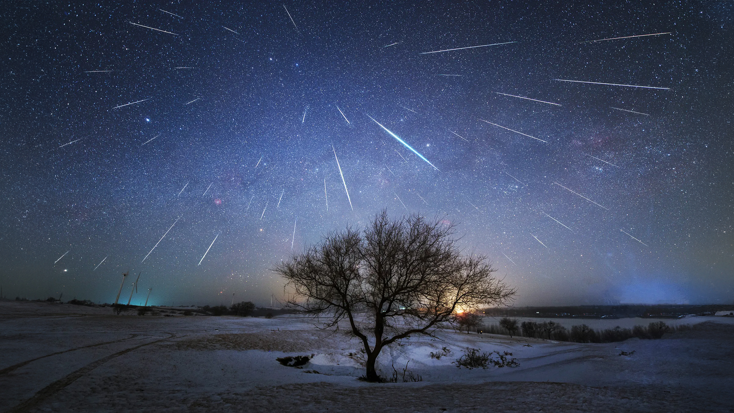 A mesmerizing starry sky with shooting stars and a majestic tree.