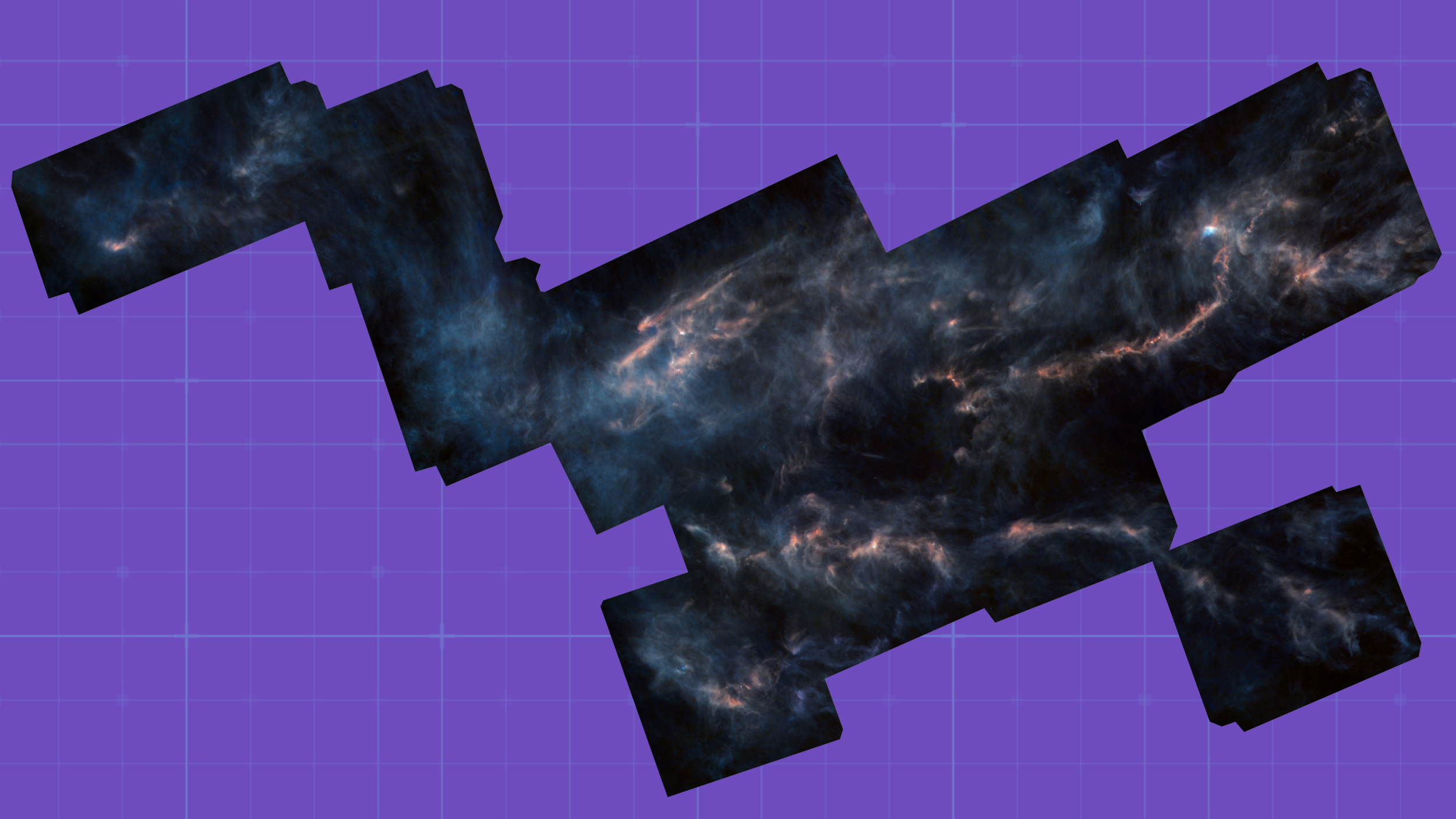 Digital artwork of celestial nebula texture applied to a tessellated shape on a purple grid background, where no stars existed.