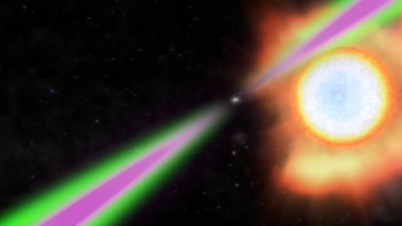 Миллисекундные лучи пульсара падают на звезду-компаньон малой массы, нагревая ее и лишая ее материала.