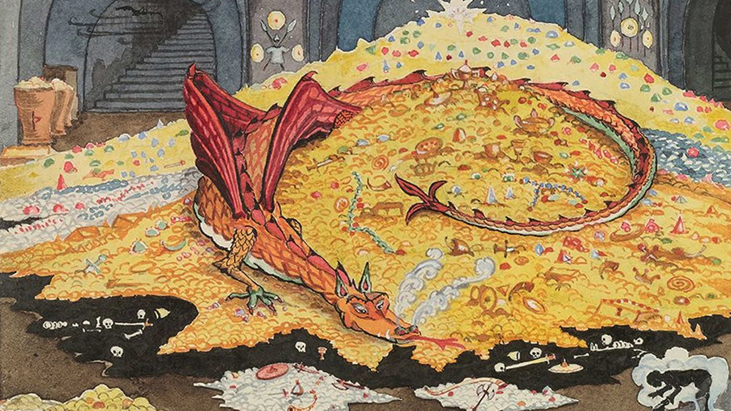 A drawing of a dragon on a pile of gold.