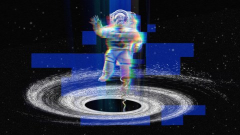 An image of a man standing in a black hole.