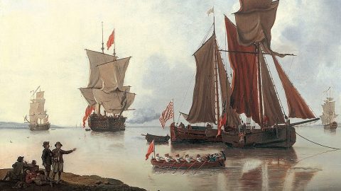 A painting of a group of boats in a body of water.