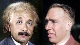 Two pictures of albert einstein and a man with a mustache.