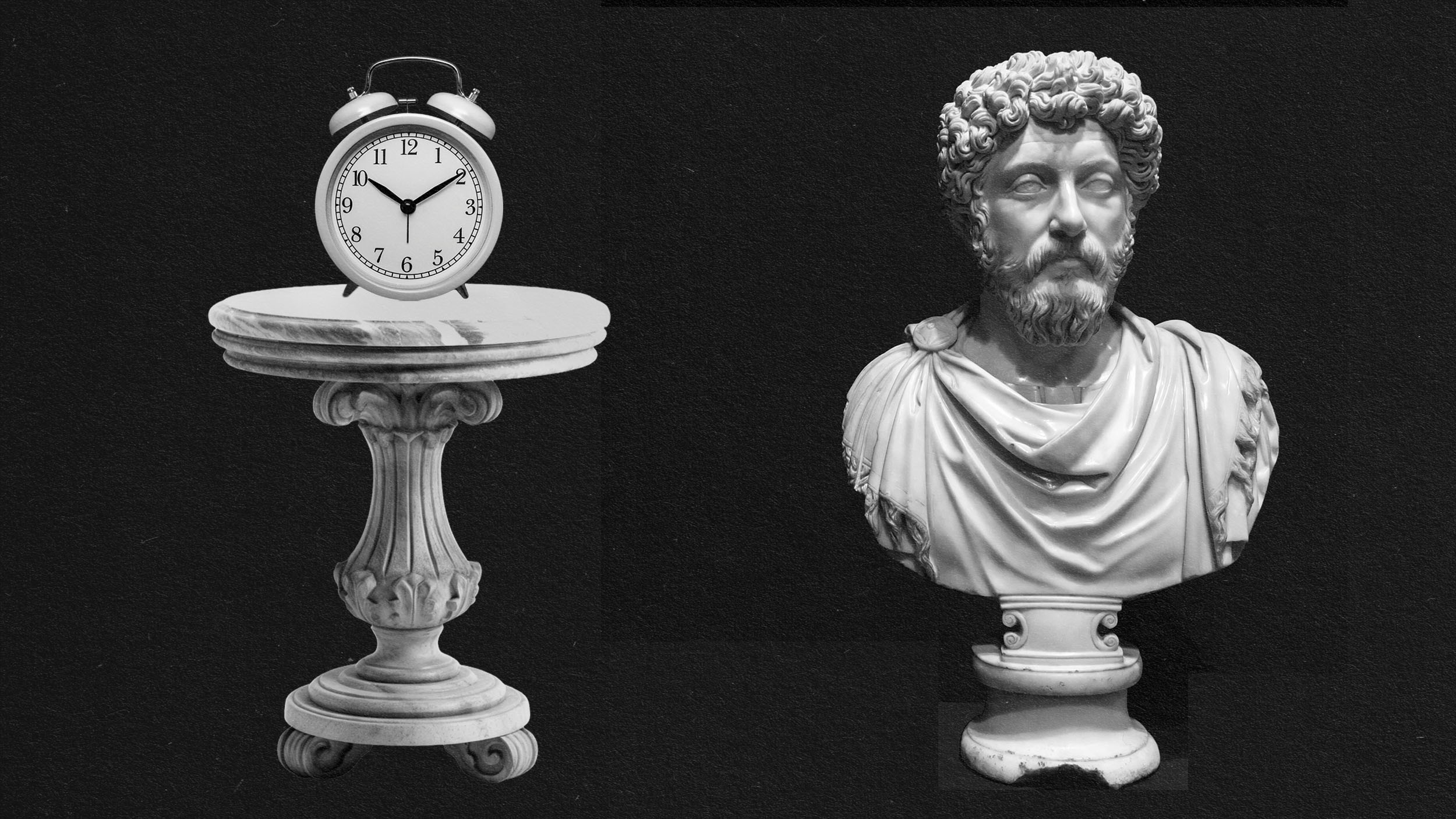 A bust of Marcus Aurelius placed next to a clock.