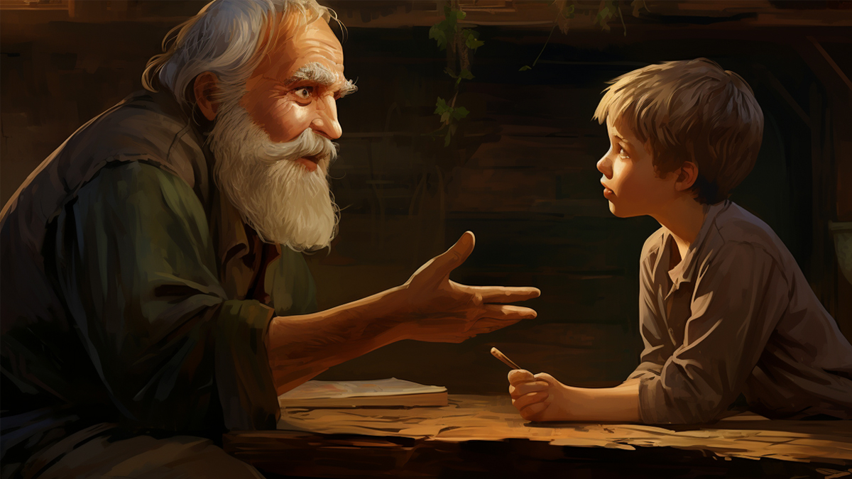 An old man talking to a young boy.