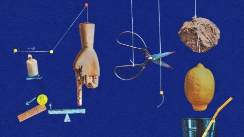 A diverse array of objects hanging from a blue background, fostering innovation.