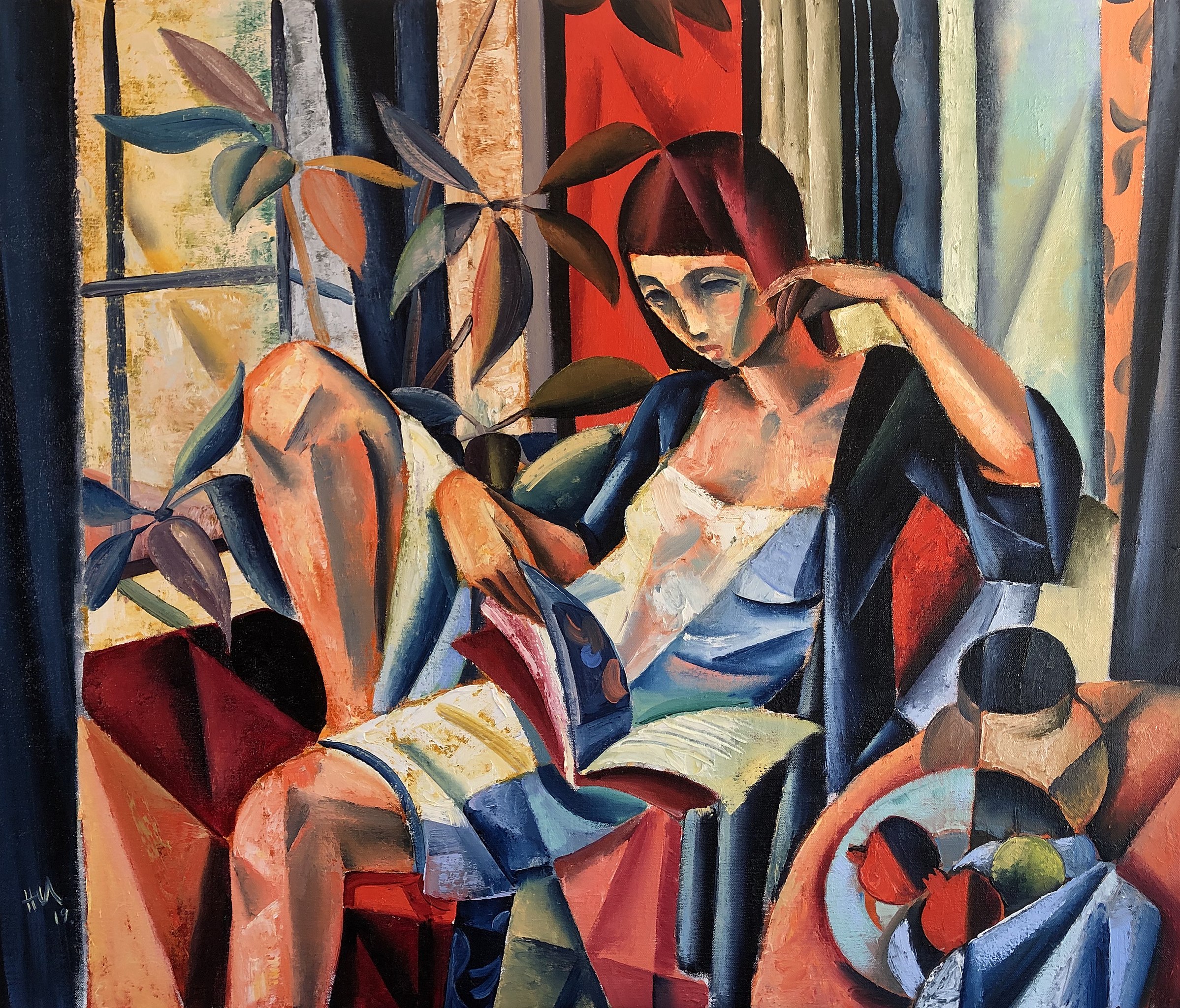 A painting of a woman reading a book.