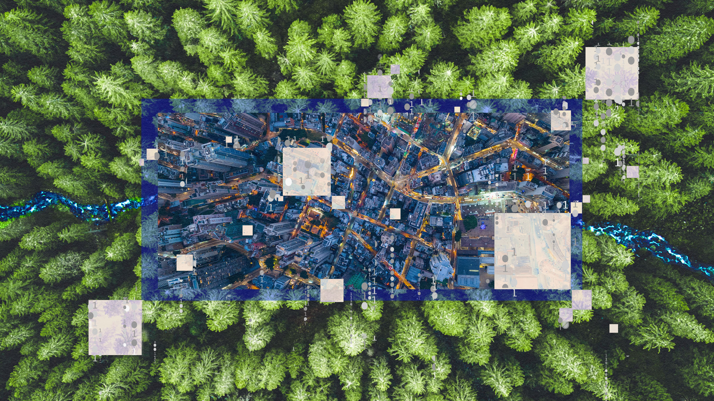 A forest overlaid with an image of a city