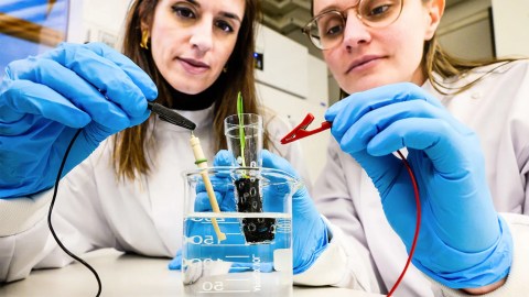 Two women in lab coats working with a beaker.