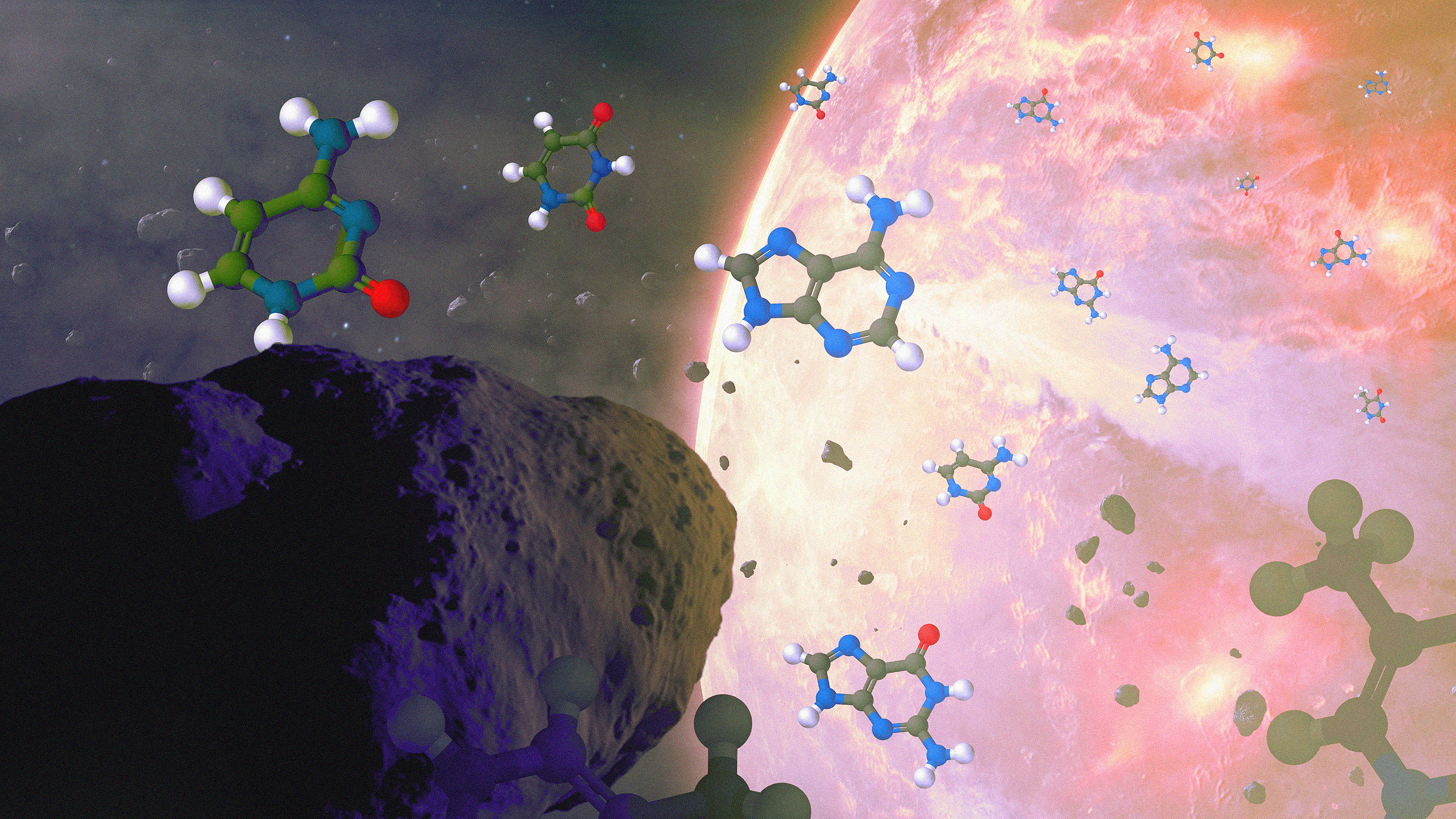 An artist's depiction of possible first life in the form of organic molecules near a cosmic object with a starry background.