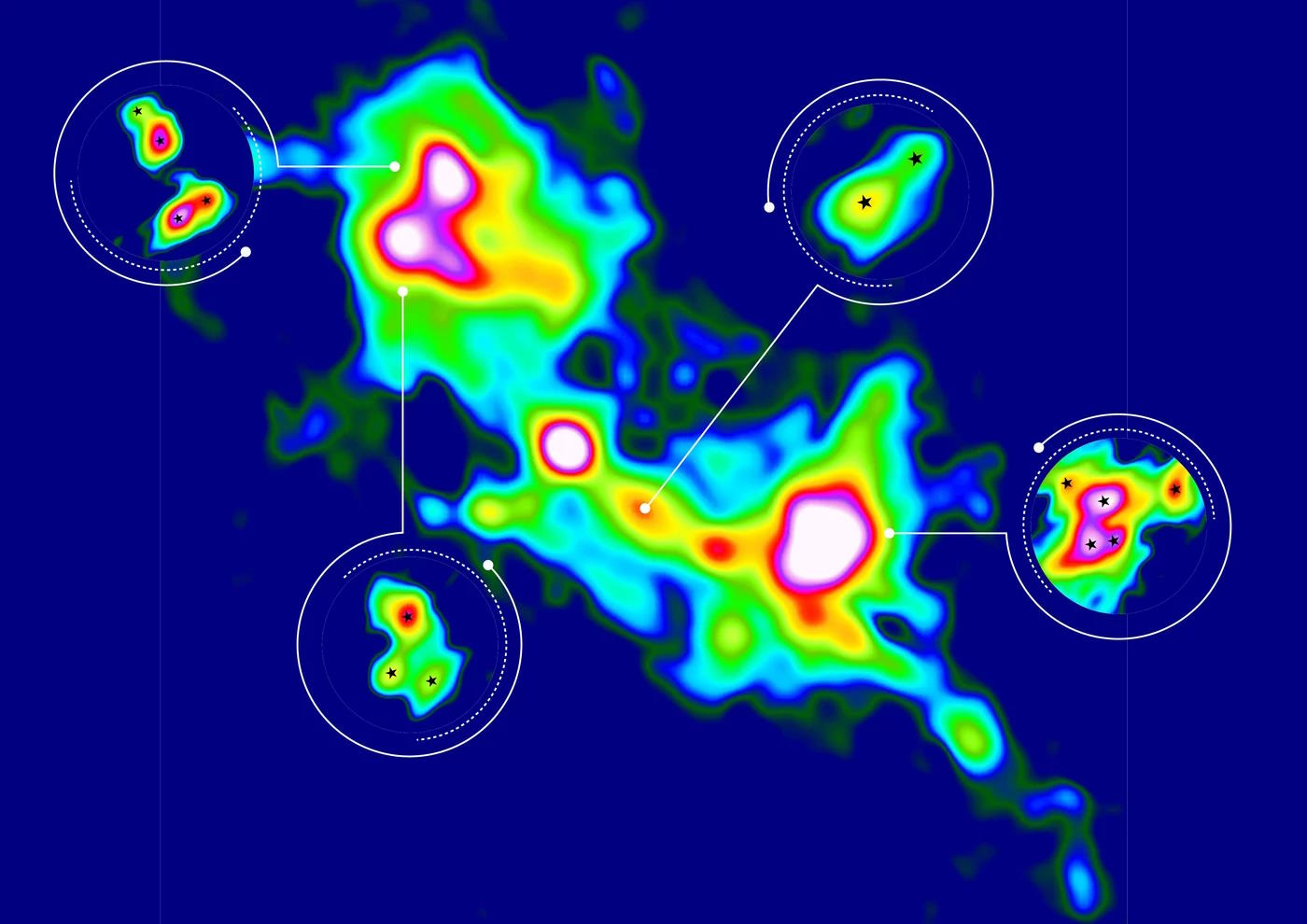 A map displaying the locations of various star birth areas.