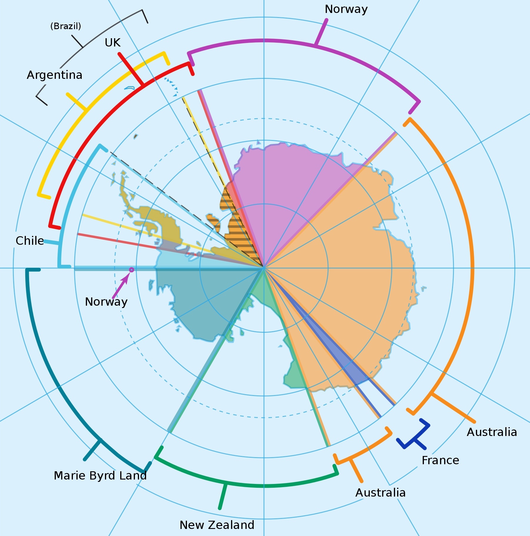 The antarctic ice sheet is shown in a circle with different colors.