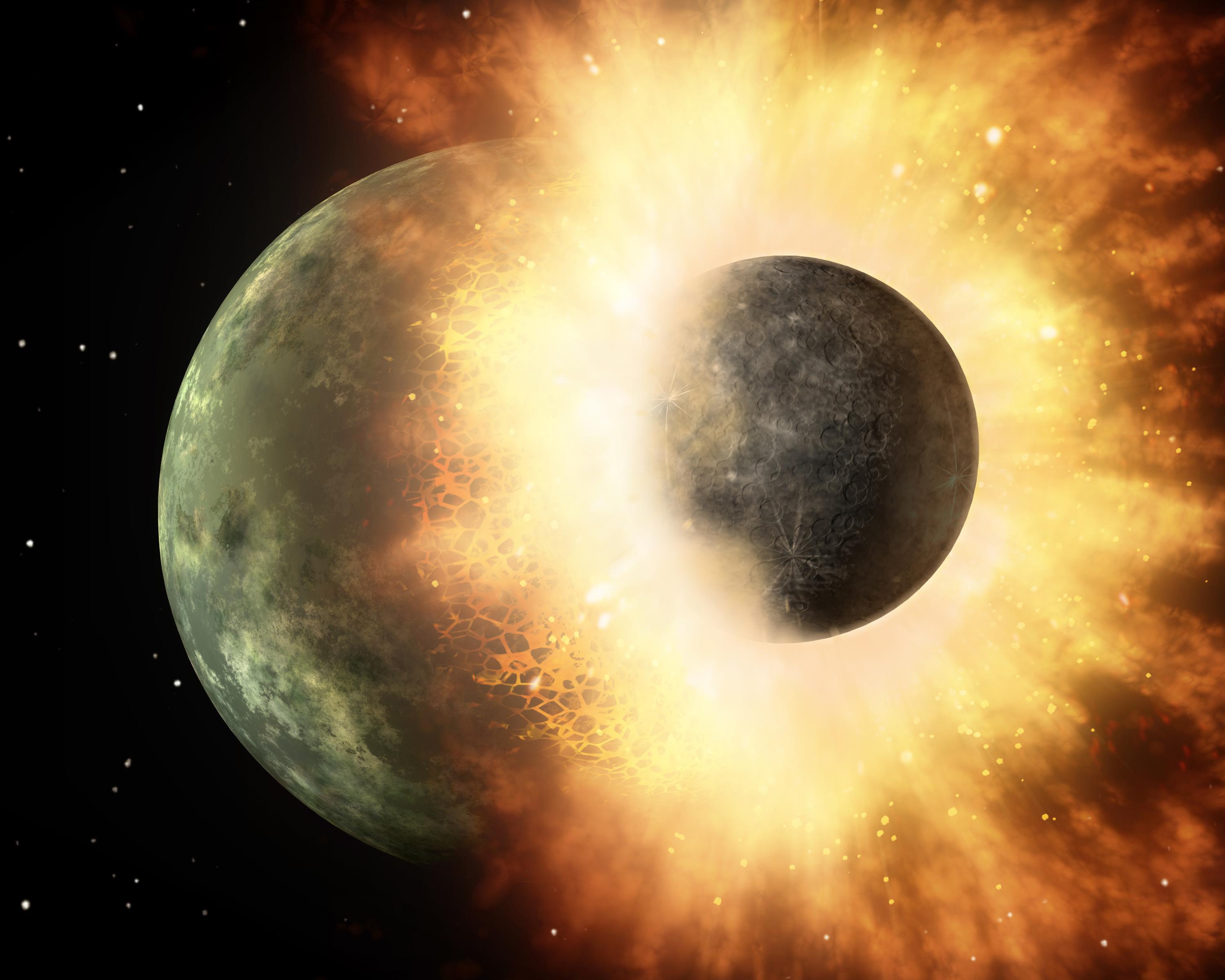 An artist's rendering of a moon with a hole in it, showcasing the fascinating formation process of planet Earth.