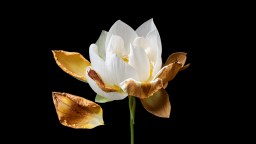A white lotus flower on a black background.