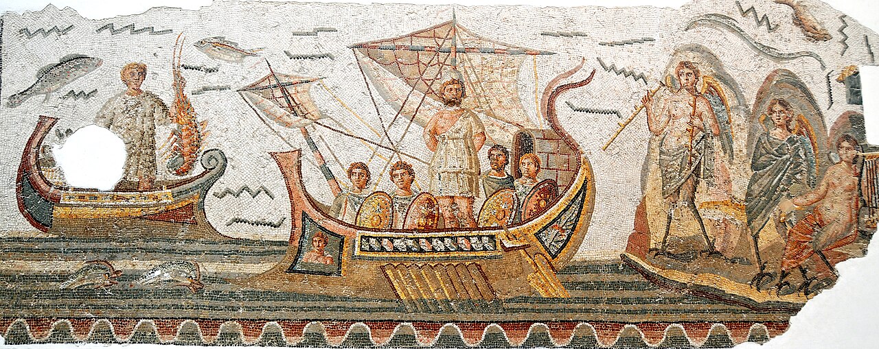 A mosaic depicting a boat with people in it.