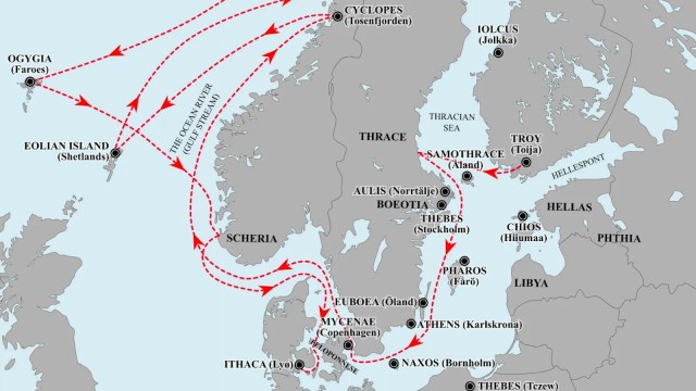 A map showing the route of a voyage from sweden to norway.