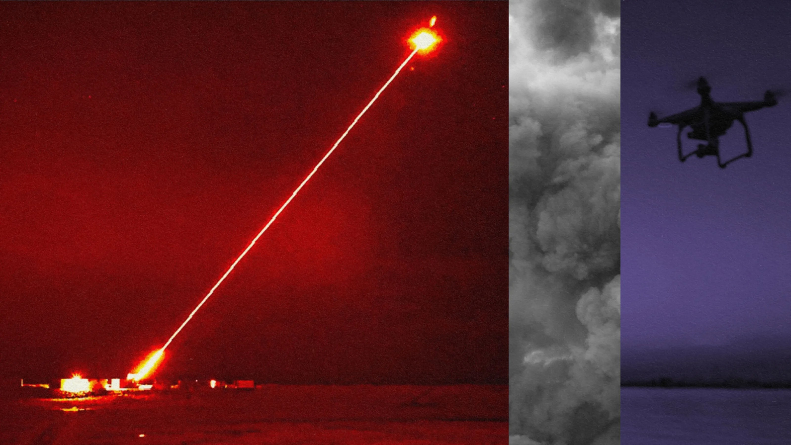 Two pictures of a drone flying in the sky with a laser.