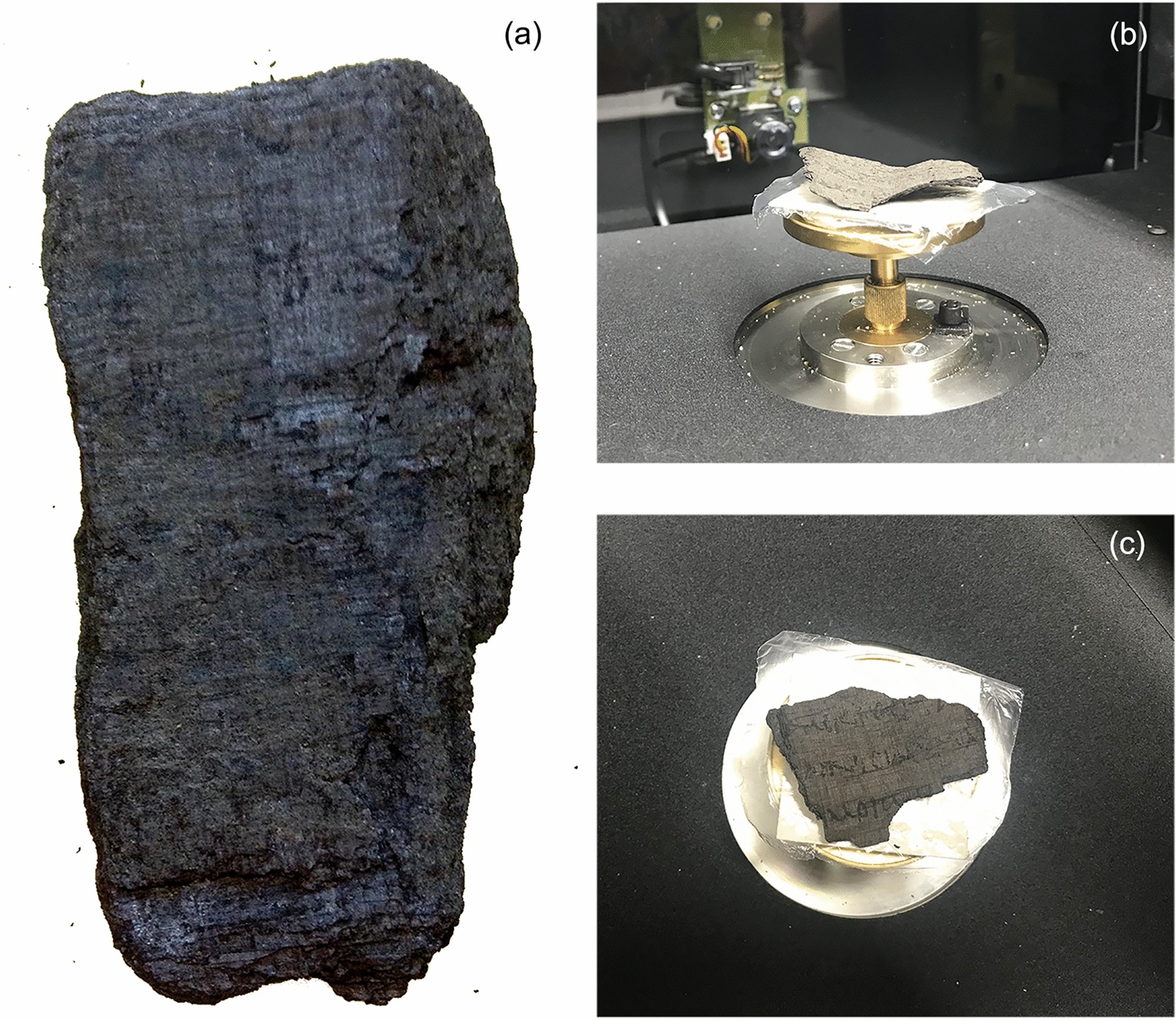 Four pictures of a piece of rock and a piece of metal taken during the Vesuvius Challenge.