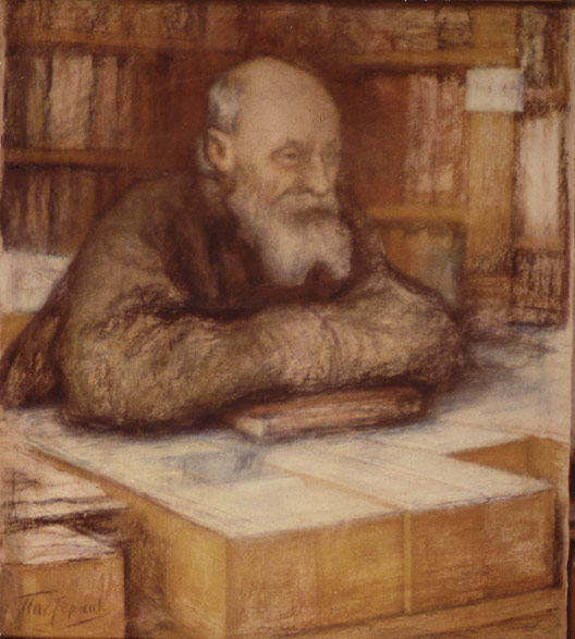 A painting of an old man with a beard sitting at a desk immersed in Cosmism.