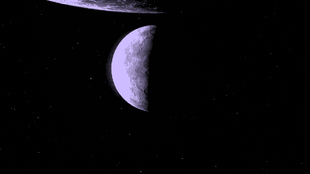 A digitally enhanced view of a crescent planet Earth with a galaxy in the background.