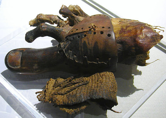 A close-up of an ancient prosthetic toe.