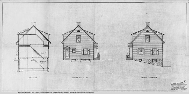 Two drawings of a house with different elevations.