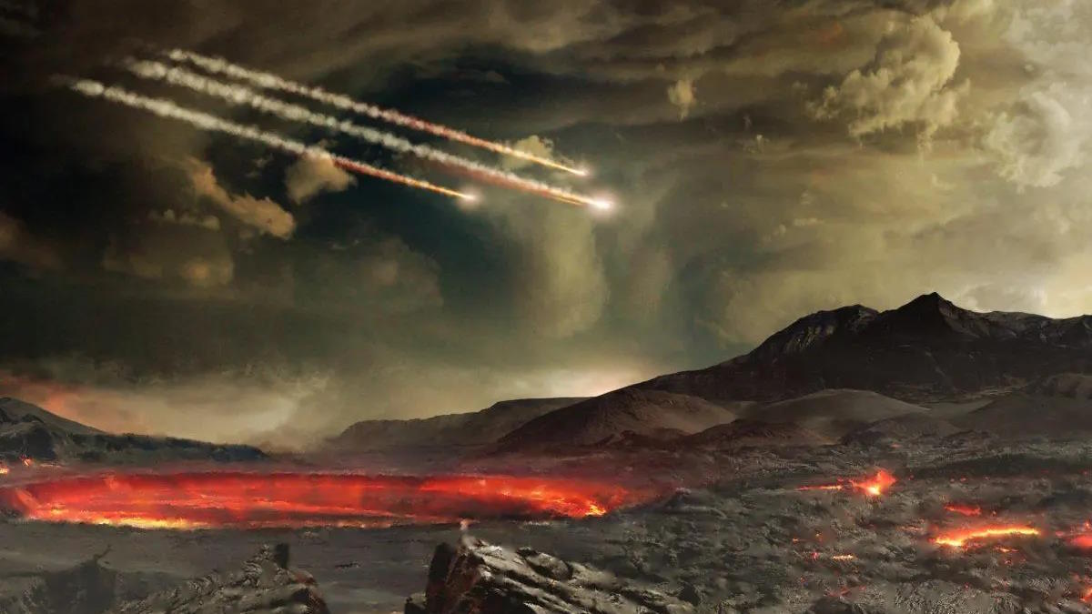 An artist's rendering of an asteroid exploding over a mountain, symbolizing the cataclysmic event that shaped life on Earth.