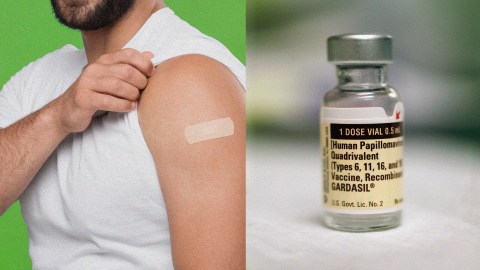 A person with a bandage on their arm after receiving an HPV vaccination, with a focus on a vial of the Gardasil vaccine.