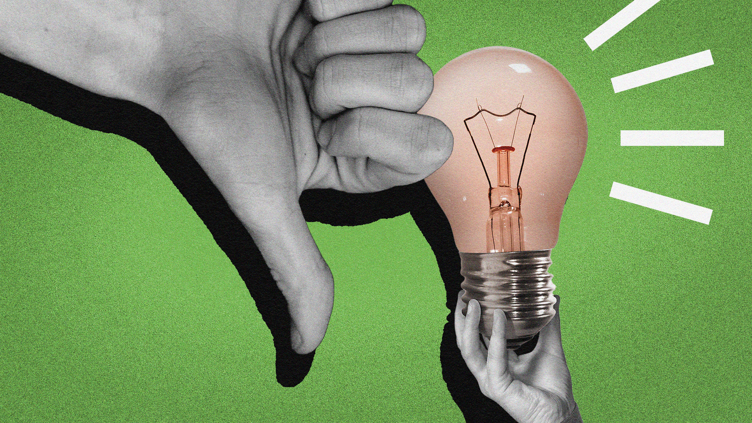 A hand holding a light bulb with a thumbs down, symbolizing a rejection of new ideas.