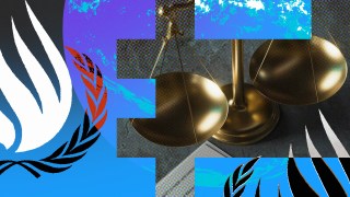 The logo of the United Nations symbolizes global cooperation and the scales of justice represent fairness in legal matters.