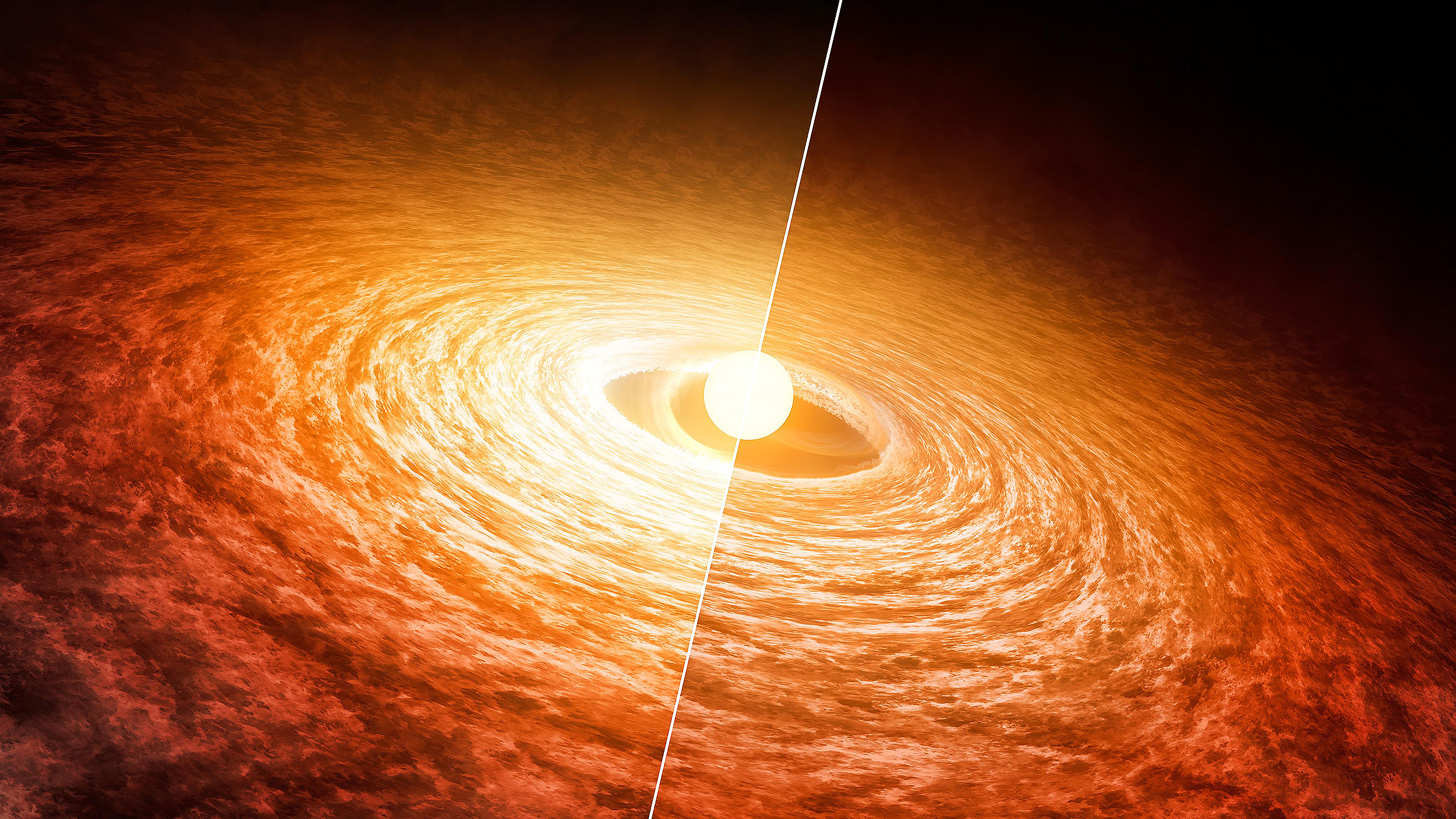 A computer-generated image of a bright celestial object with an accretion disk, possibly representing what the sun looked like when it was born.