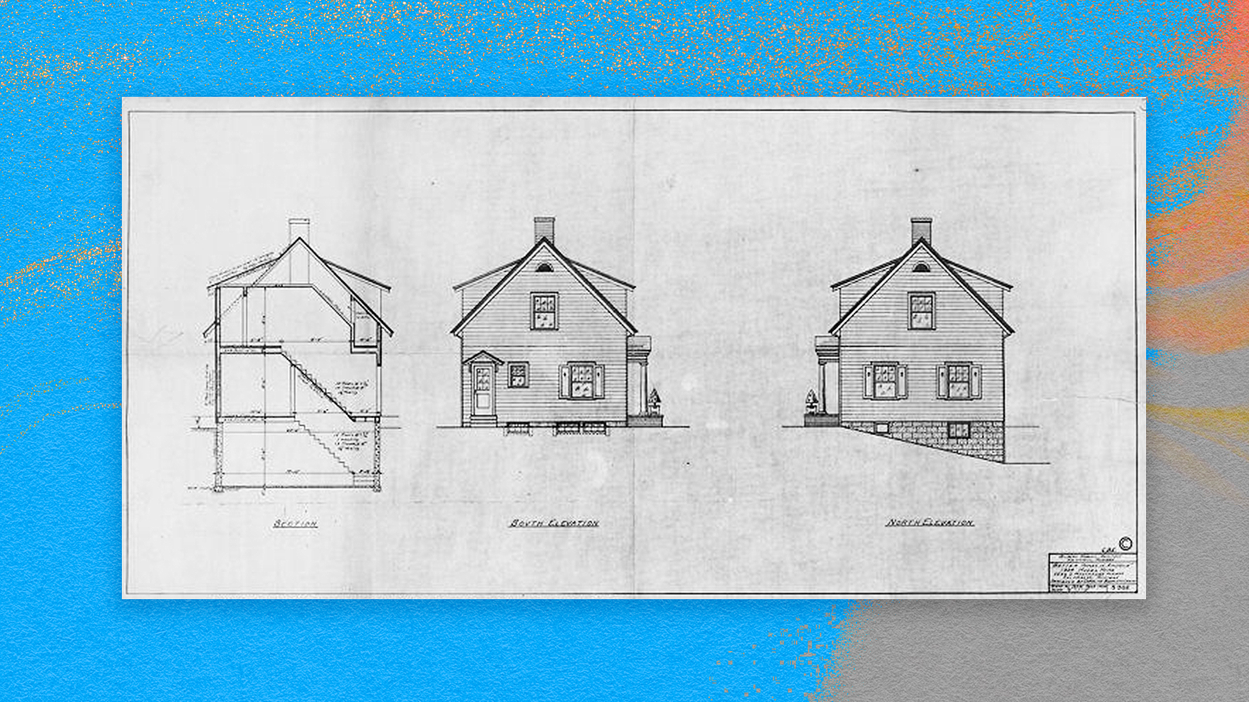 Two tiny house drawings on a blue background.