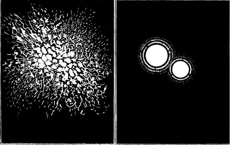Black and white image comparing two types of cell division: mitosis on the left and binary fission on the right, illustrating how biology can overcome challenges separate from the realms of astronomy and atmosphere.