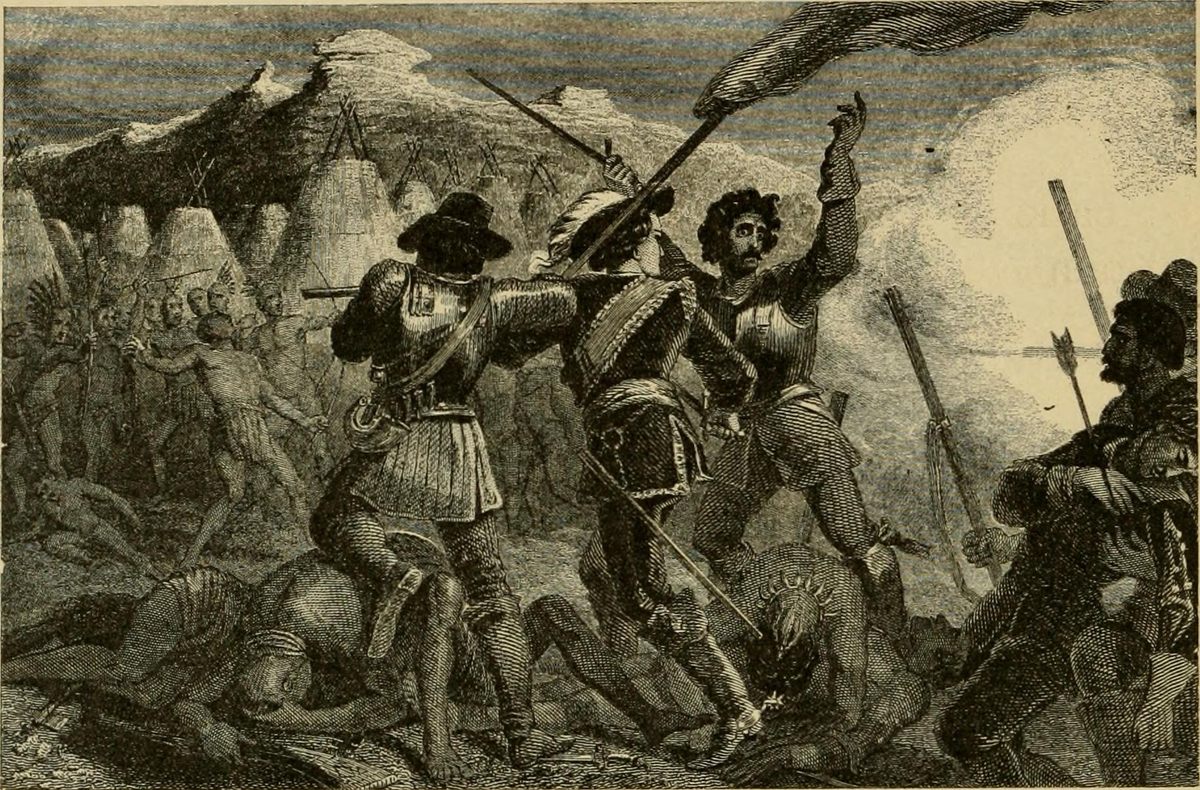 A historical illustration of a skirmish between armed soldiers and a bare-chested figure wielding a sword.