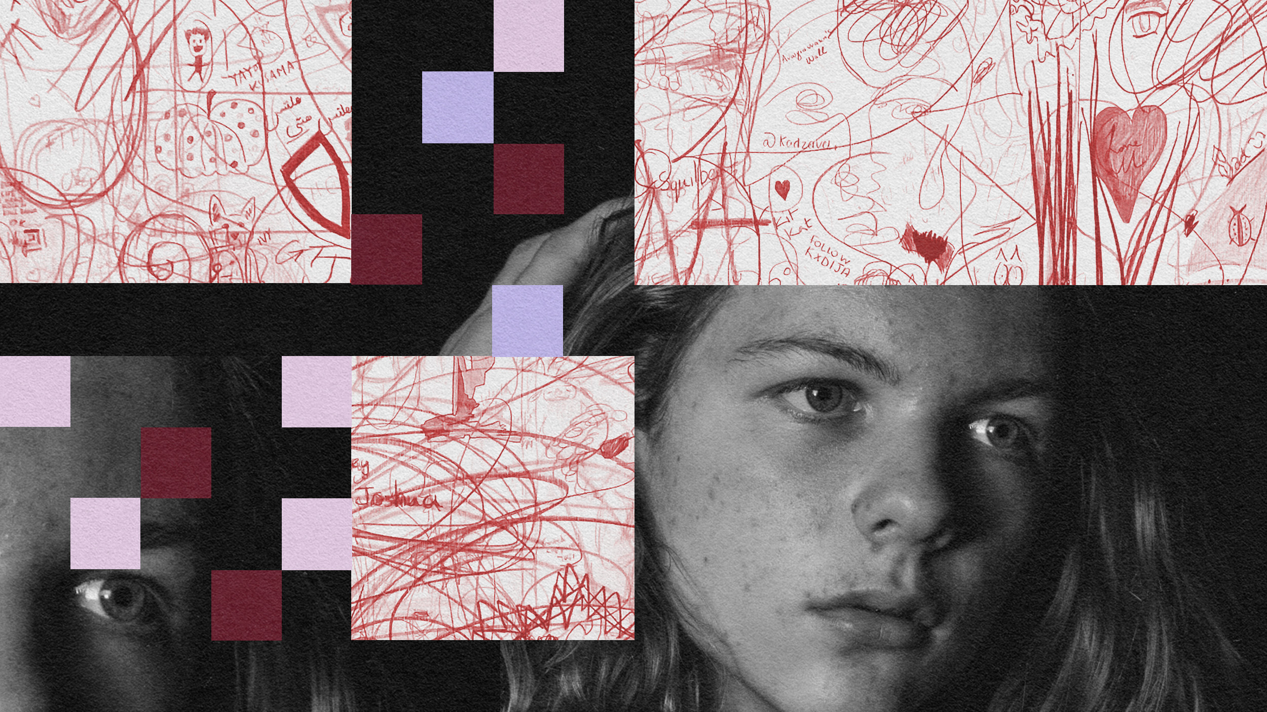 Collage of a young person's face with abstract red scribbles and geometric shapes symbolizing ADHD.