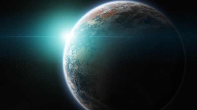 A realistic illustration of earth in space, bathed in sunlight with a visible blue glow from the GaiaSignatures atmosphere.