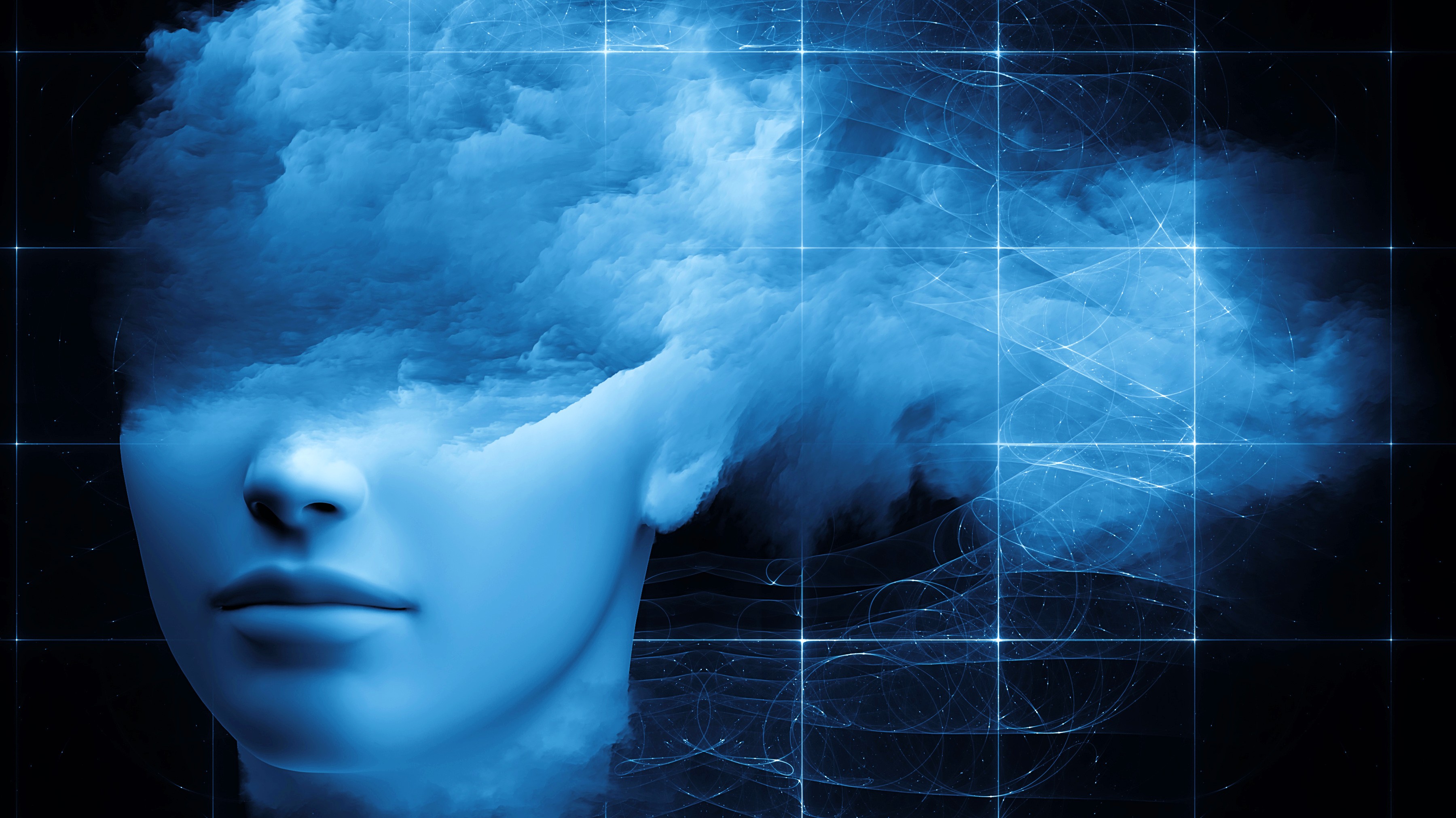 A woman's head with a blue cloud in it.