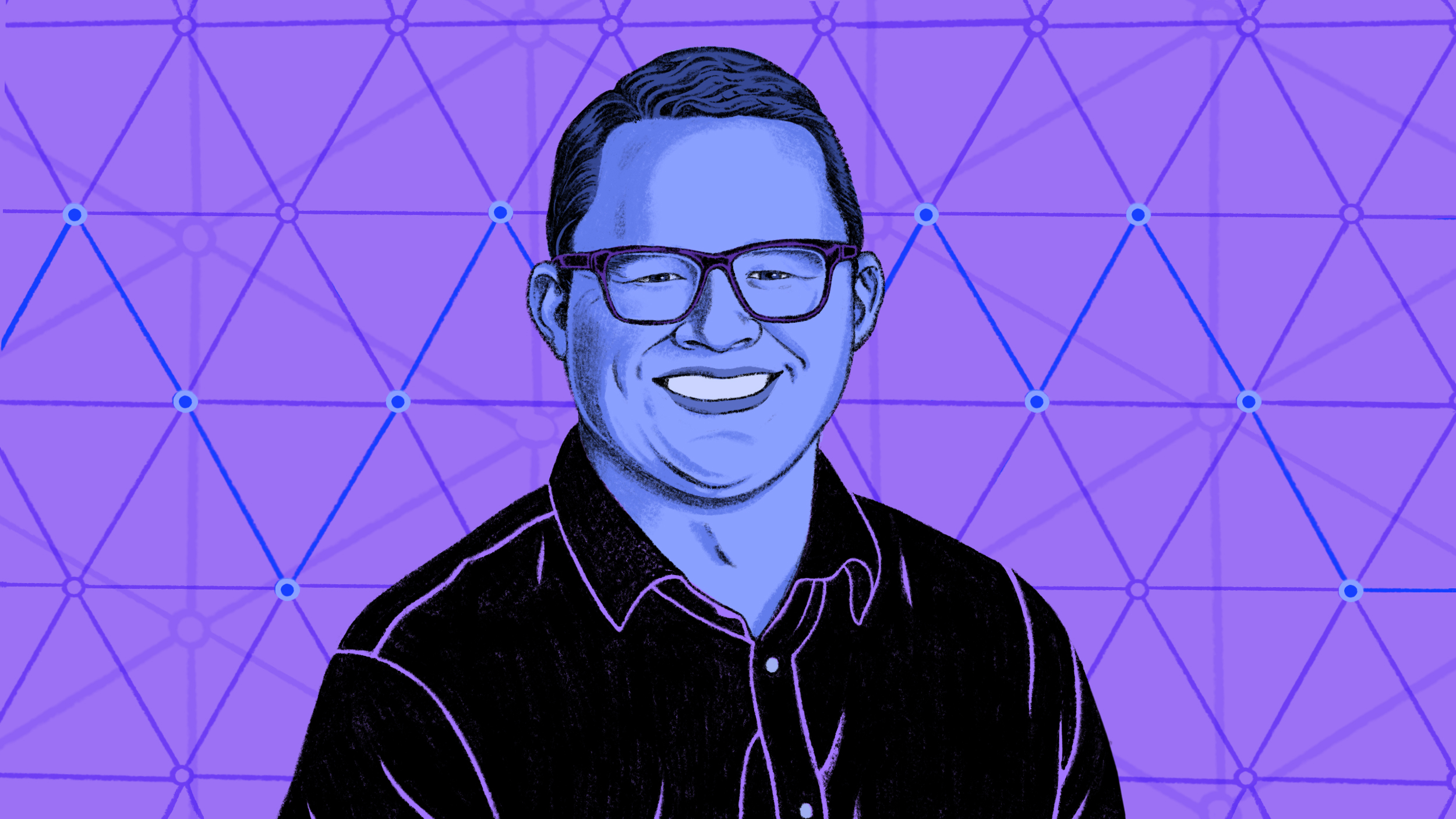 Illustration of a smiling man wearing glasses against a geometric background, unraveling the secret of good AI.