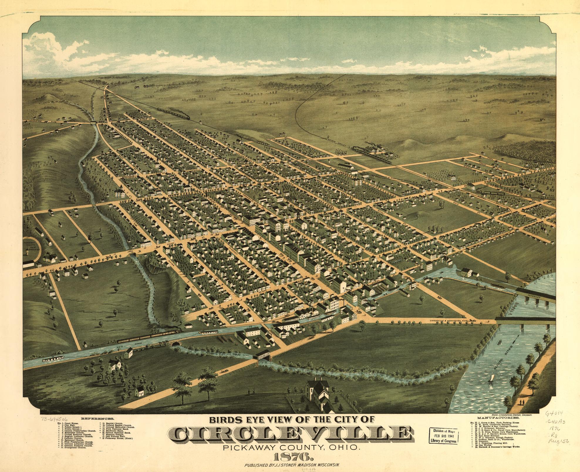 Historical bird's-eye view map of the city of circleville, pickaway county, ohio, from 1876.