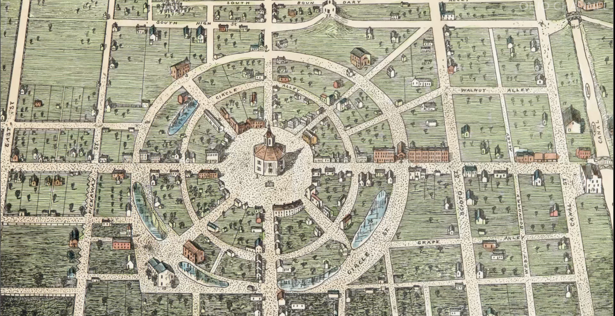 Historical map illustration depicting a planned city with radial streets emanating from a central point.