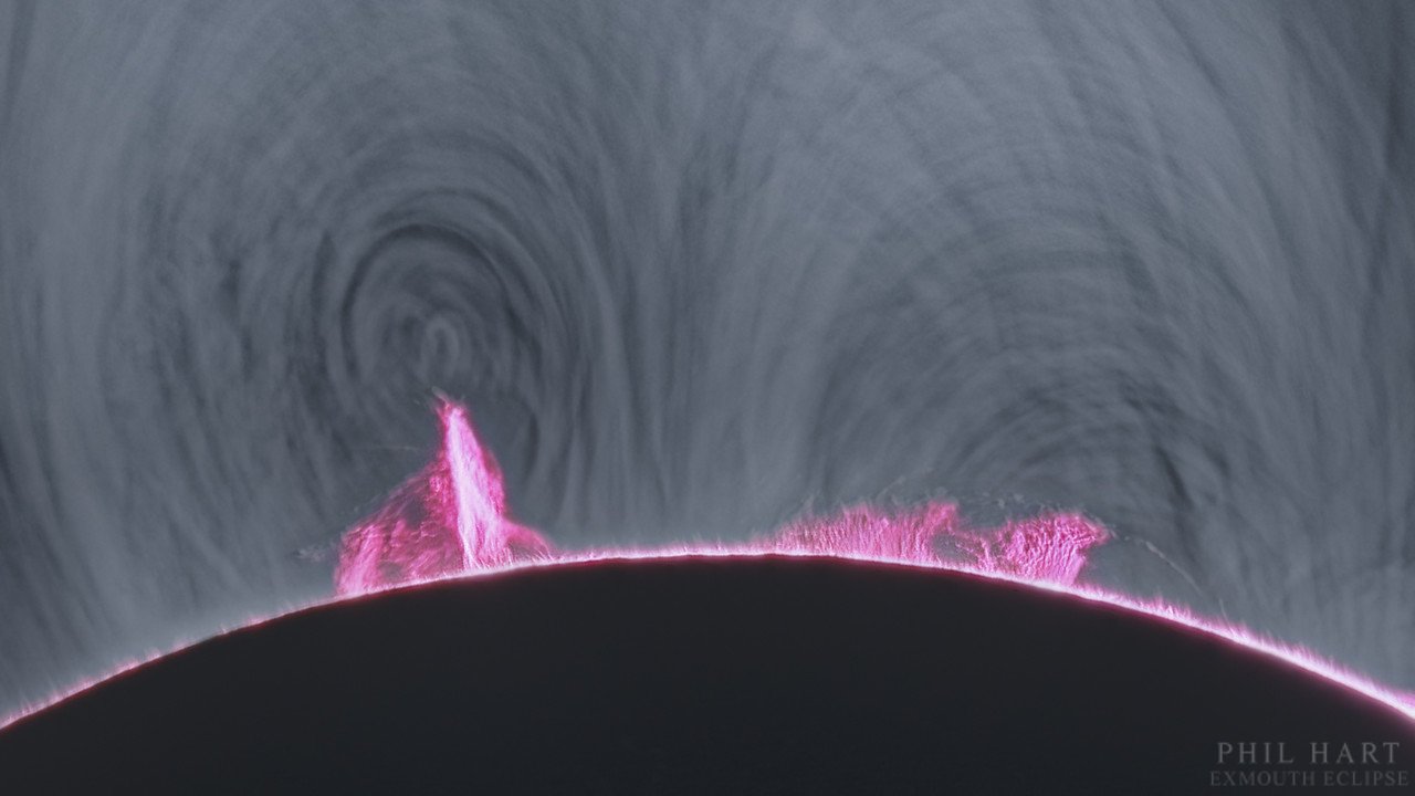 Solar total eclipse revealing the sun's pink chromosphere and prominences.
