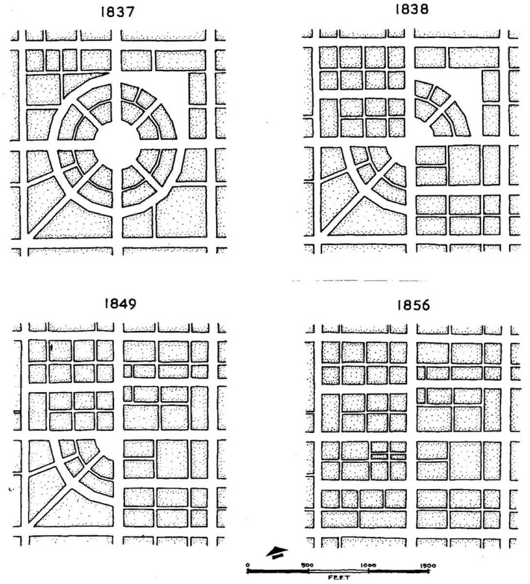 Four diagrams showing the urban development plans of a city at different years: 1837, 1838, 1849, and 1856.