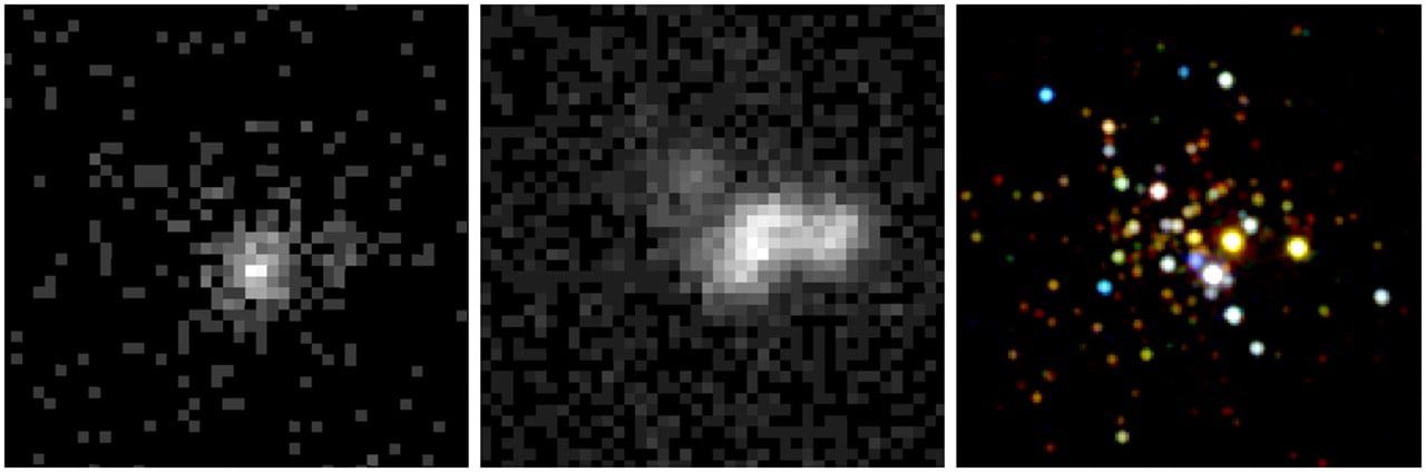 Three progressive images showing the resolution enhancement of a celestial object from blurry to clear, captured by a space telescope.