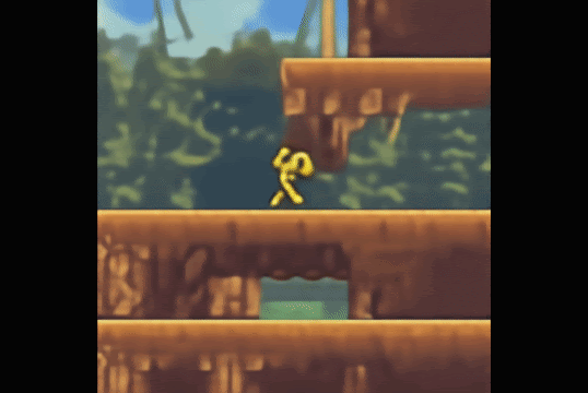 Animated character running through a wooden platform environment.