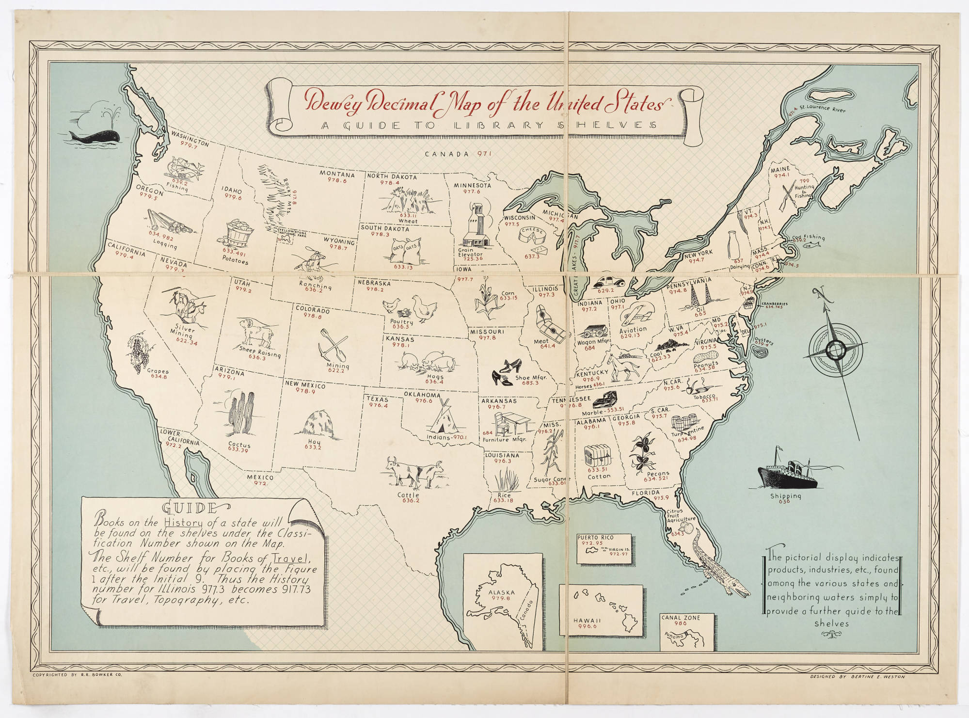 Vintage illustrated map of the united states with dewey decimal numbers and corresponding library subjects superimposed on each state.