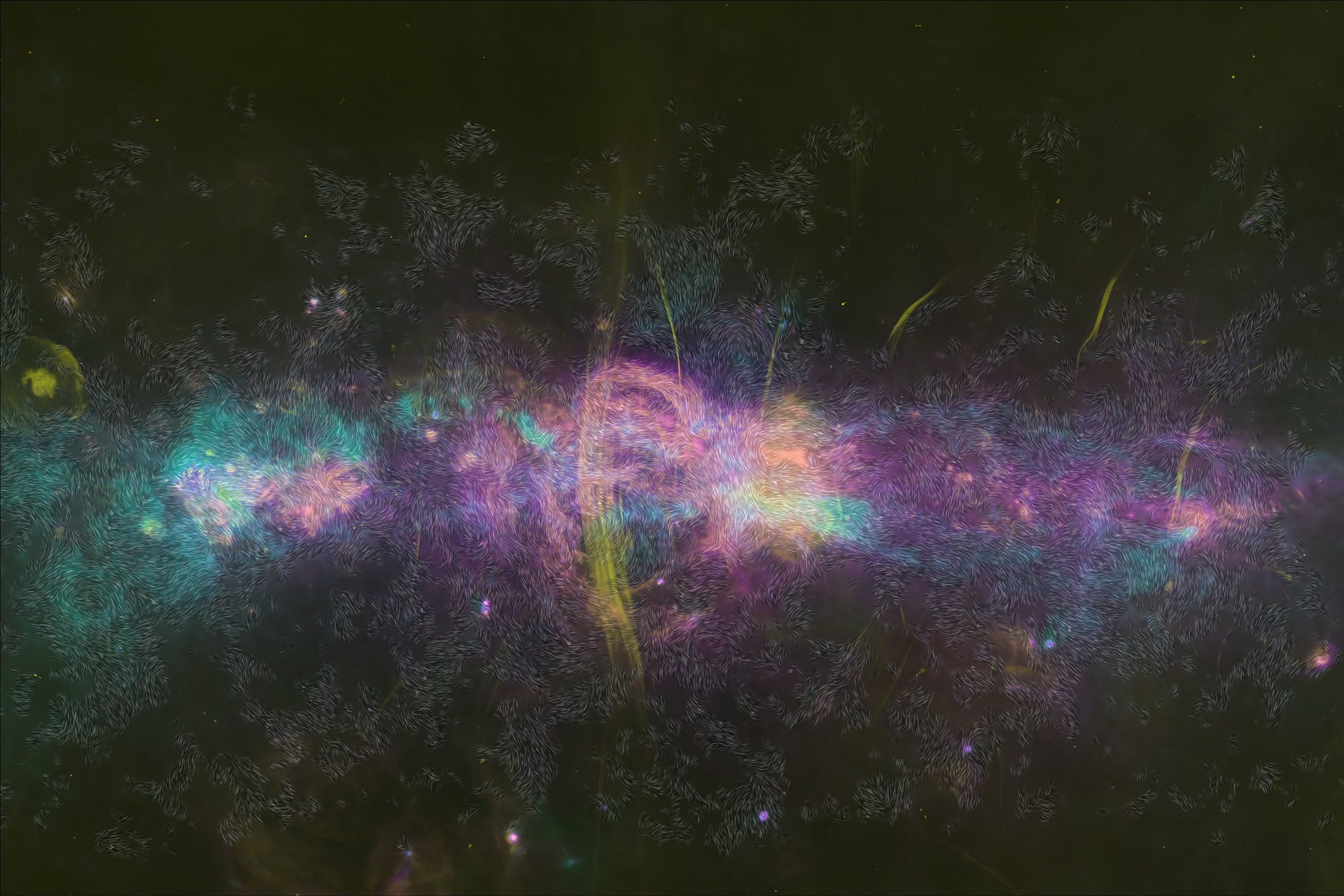 A composite image of the milky way galaxy showing colorful interstellar dust and gas with star fields.