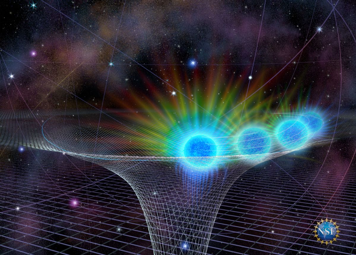 An artist's interpretation of gravitational waves emanating from two colliding neutron stars in the fabric of spacetime.